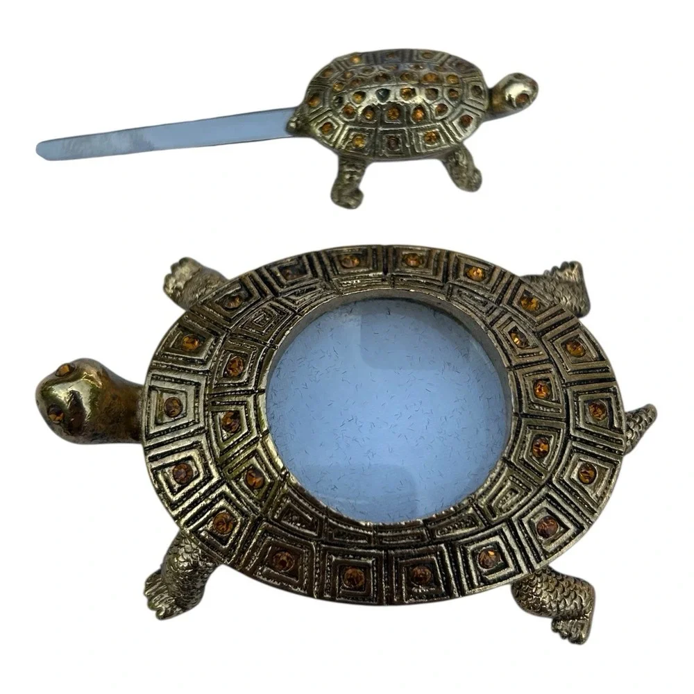 Bombay 3 Piece Turtle Topaz Jeweled Brass Trinket Box Desk Set Vintage Complete‎